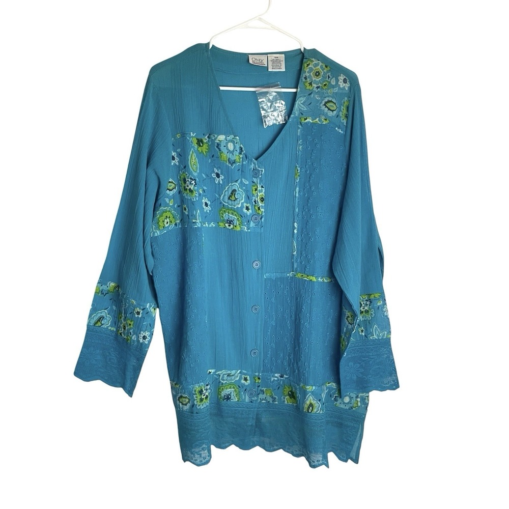 NWT Vintage Only Necessities Womens Blouse Top Sz 18W Turquoise Patchwork Button